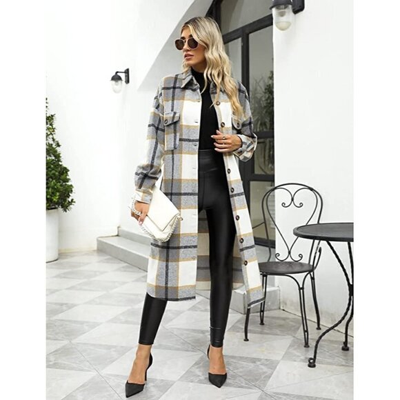 𝅺CASUAL Grey Plaid Button Down Long Puff Sleeve Trench Coat Jacket Shacket Wool - Picture 1 of 9